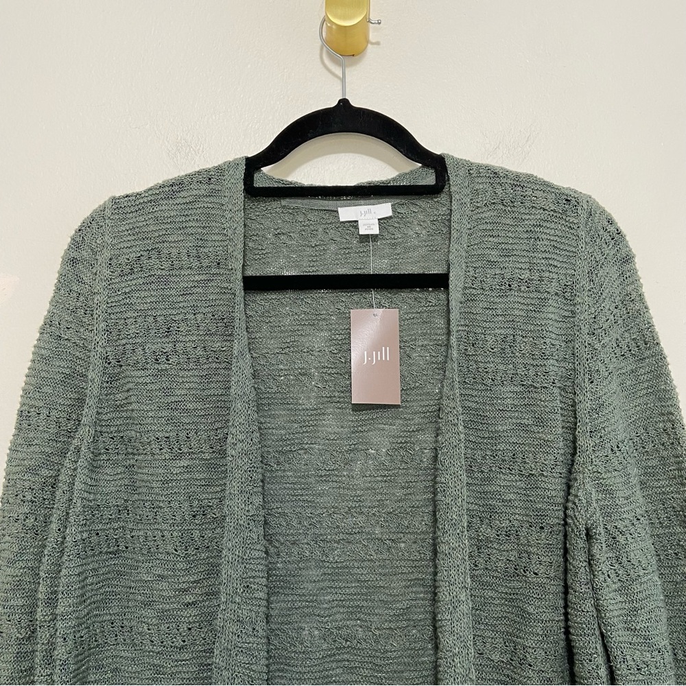 J. Jill Ivy Green Openwork Knit Long Sleeve Open Front Cardigan NWT - Picture 2 of 9